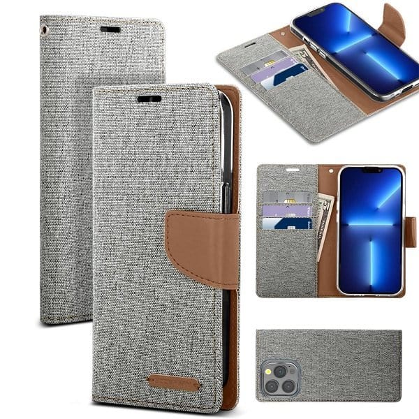 Goospery Canvas Grey Apple iPhone 13 Pro Wallet Case Cover Goospery Canvas Grey Apple iPhone 13 Pro Wallet Case Cover